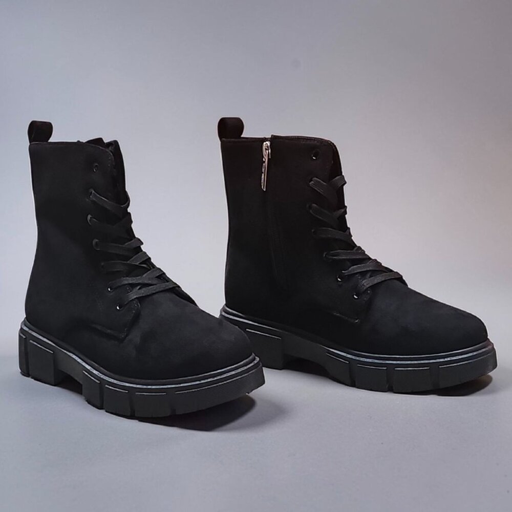 Black Chunky Platform Lace-Up Ankle Boots With Side Zipper Faux Suede Material W